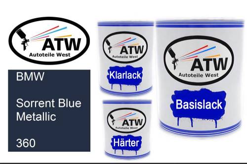 BMW, Sorrent Blue Metallic, 360: 1L Lackdose + 1L Klarlack + 500ml Härter - Set, von ATW Autoteile West.
